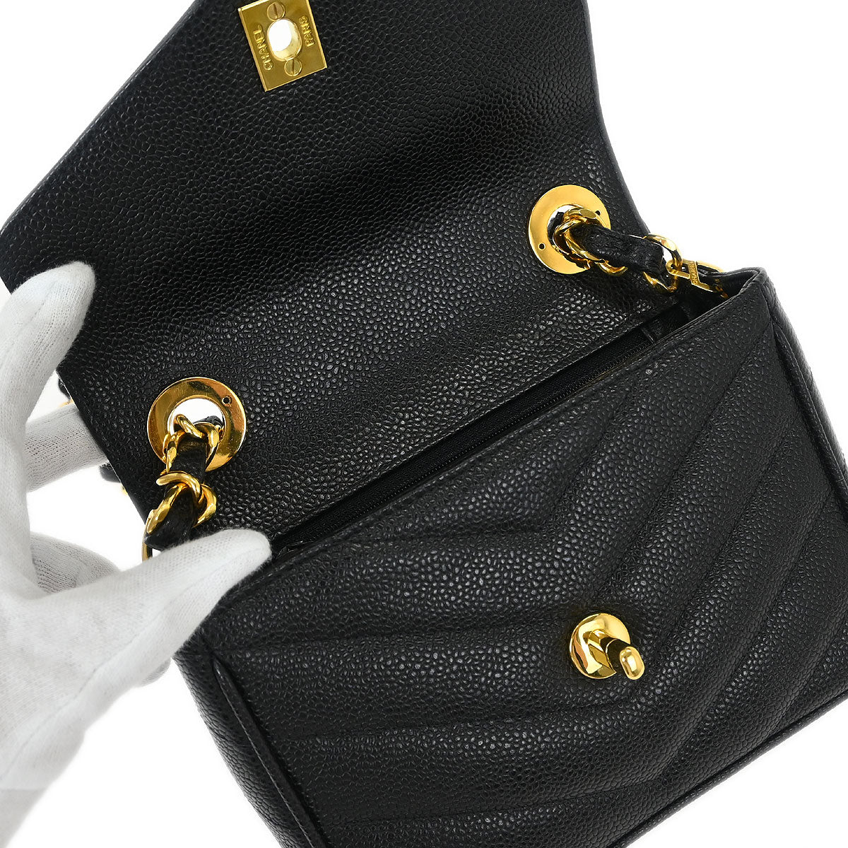 Chanel Black Caviar Chevron Single Flap Shoulder Bag