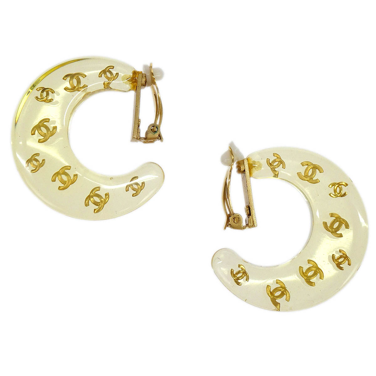 Chanel Hoop Crescent Moon Earrings Clip-On Gold 01P