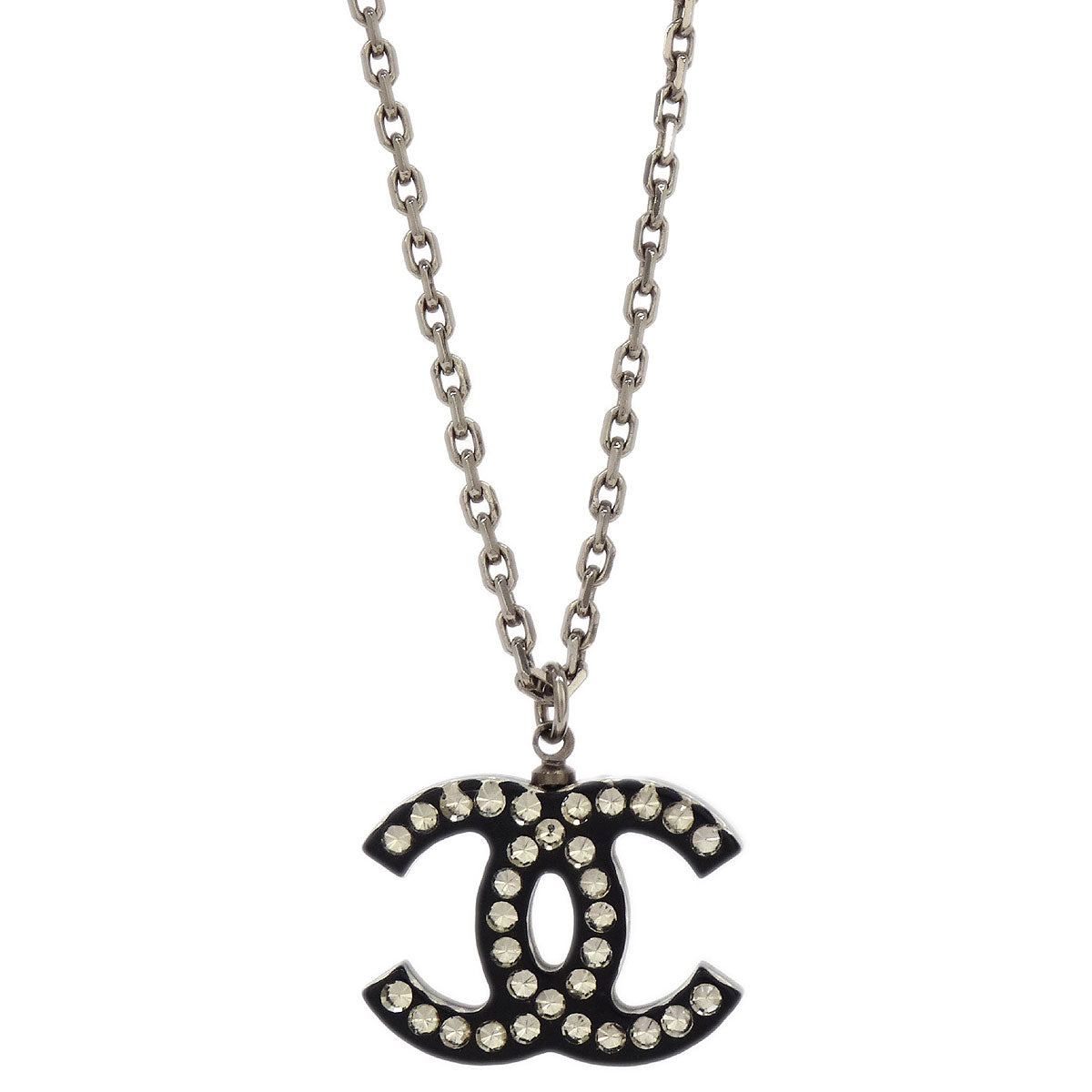 Chanel CC Chain Necklace Silver Black Rhinestone 05P
