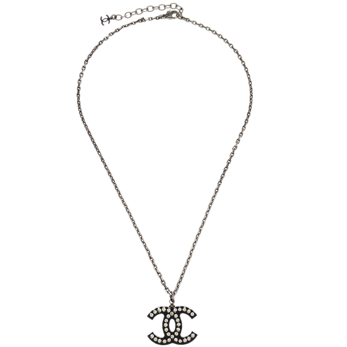 Chanel CC Chain Necklace Silver Black Rhinestone 05P