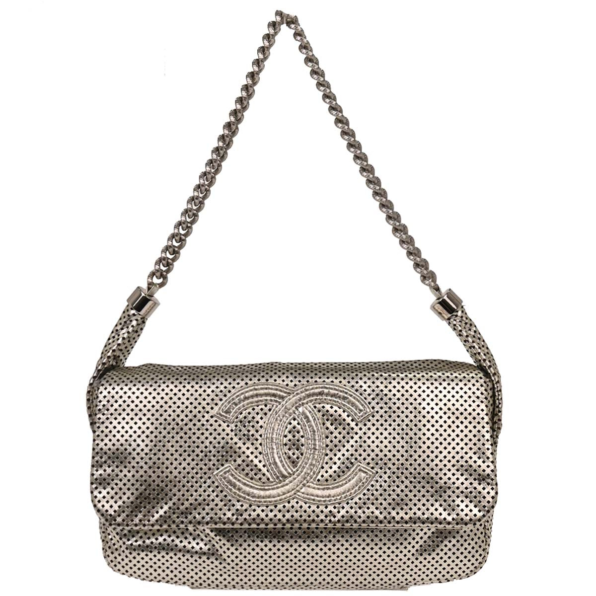 Chanel Silver Perforated Lambskin Handbag