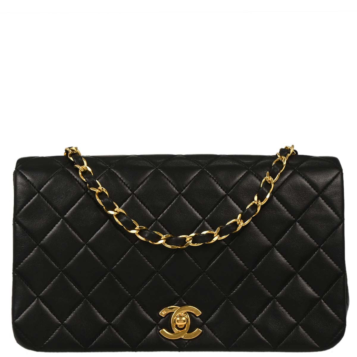Chanel 1989-1991 Black Lambskin Turnlock Small Full Flap Shoulder Bag