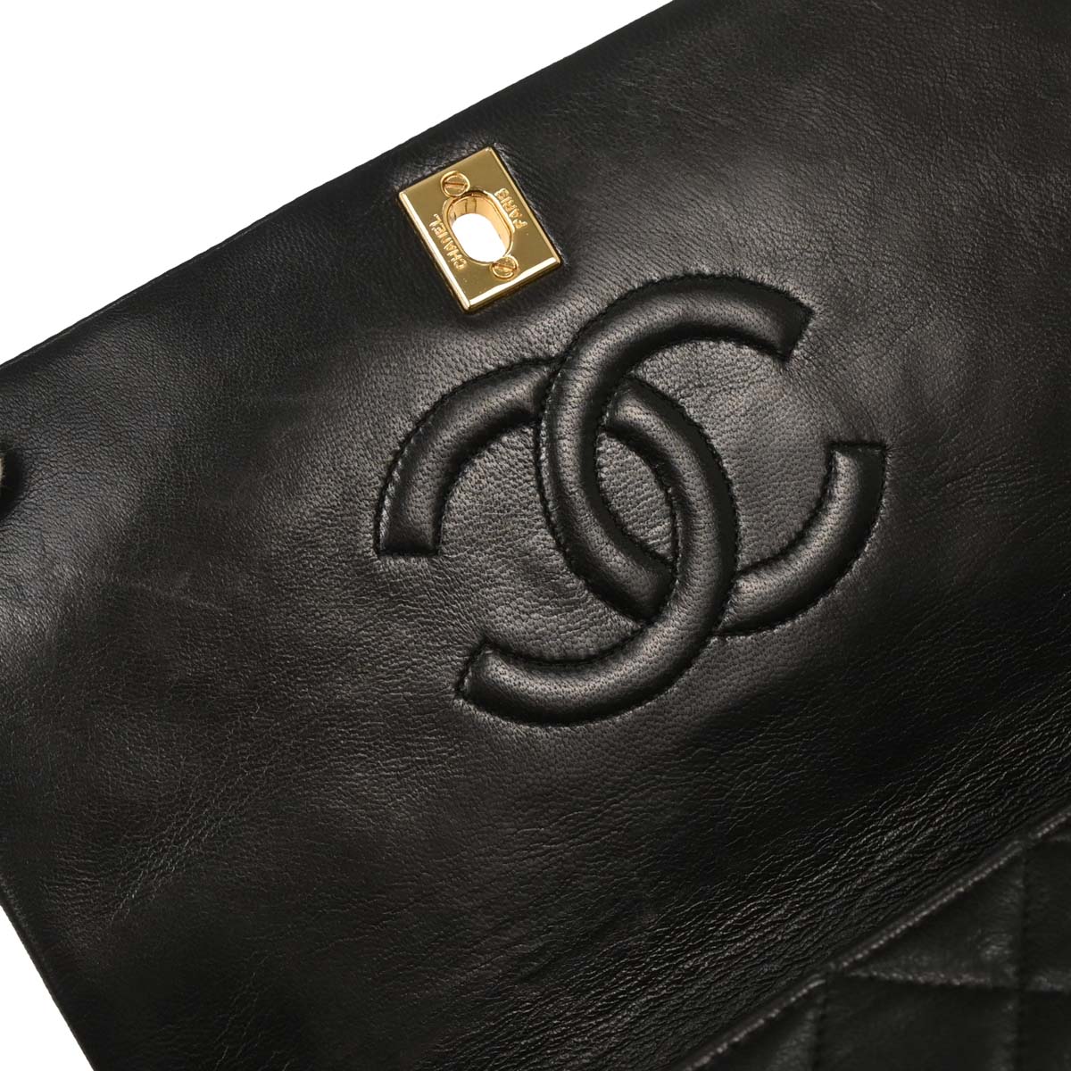 Chanel 1989-1991 Black Lambskin Turnlock Small Full Flap Shoulder Bag