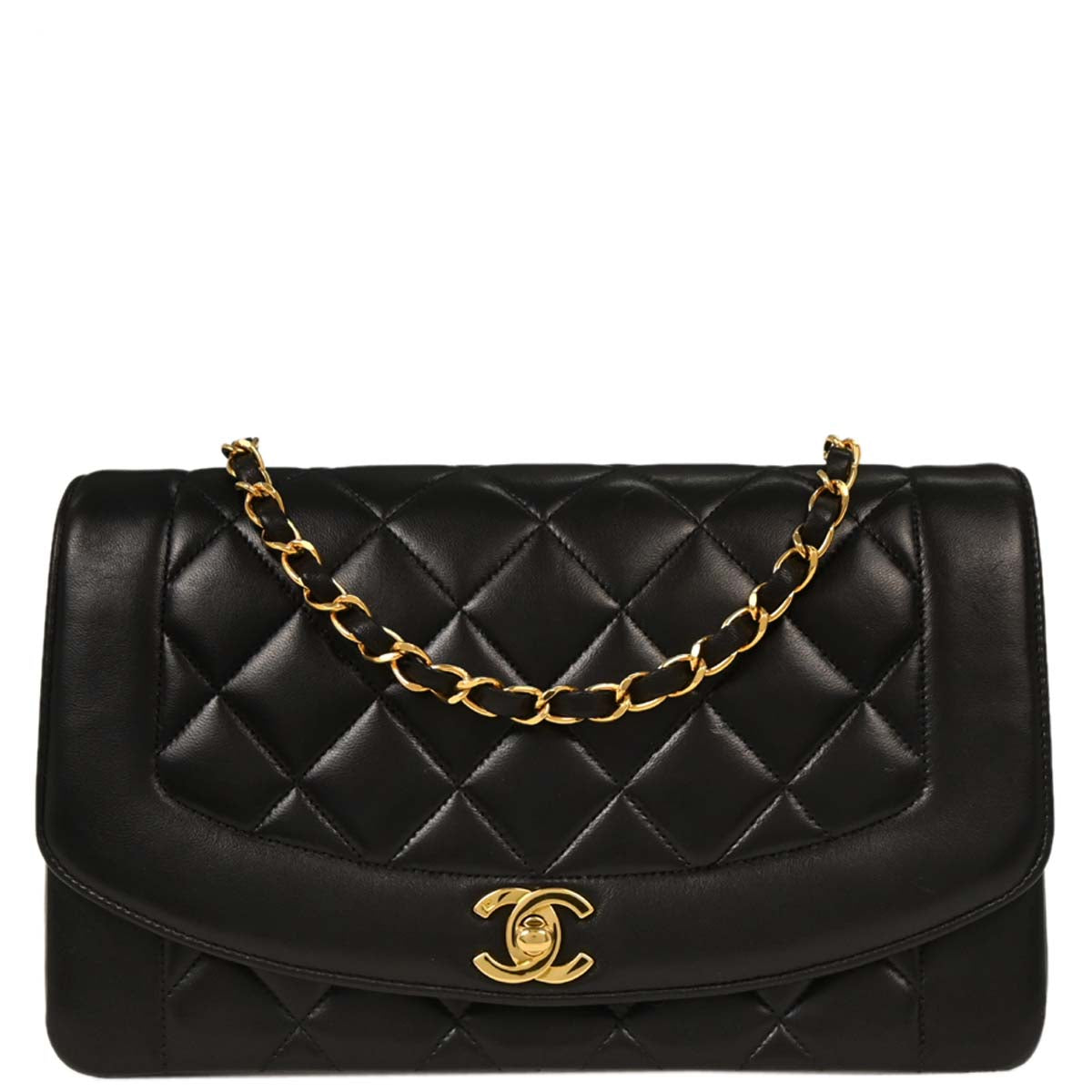 Chanel 1991-1994 Black Lambskin Medium Diana Shoulder Bag