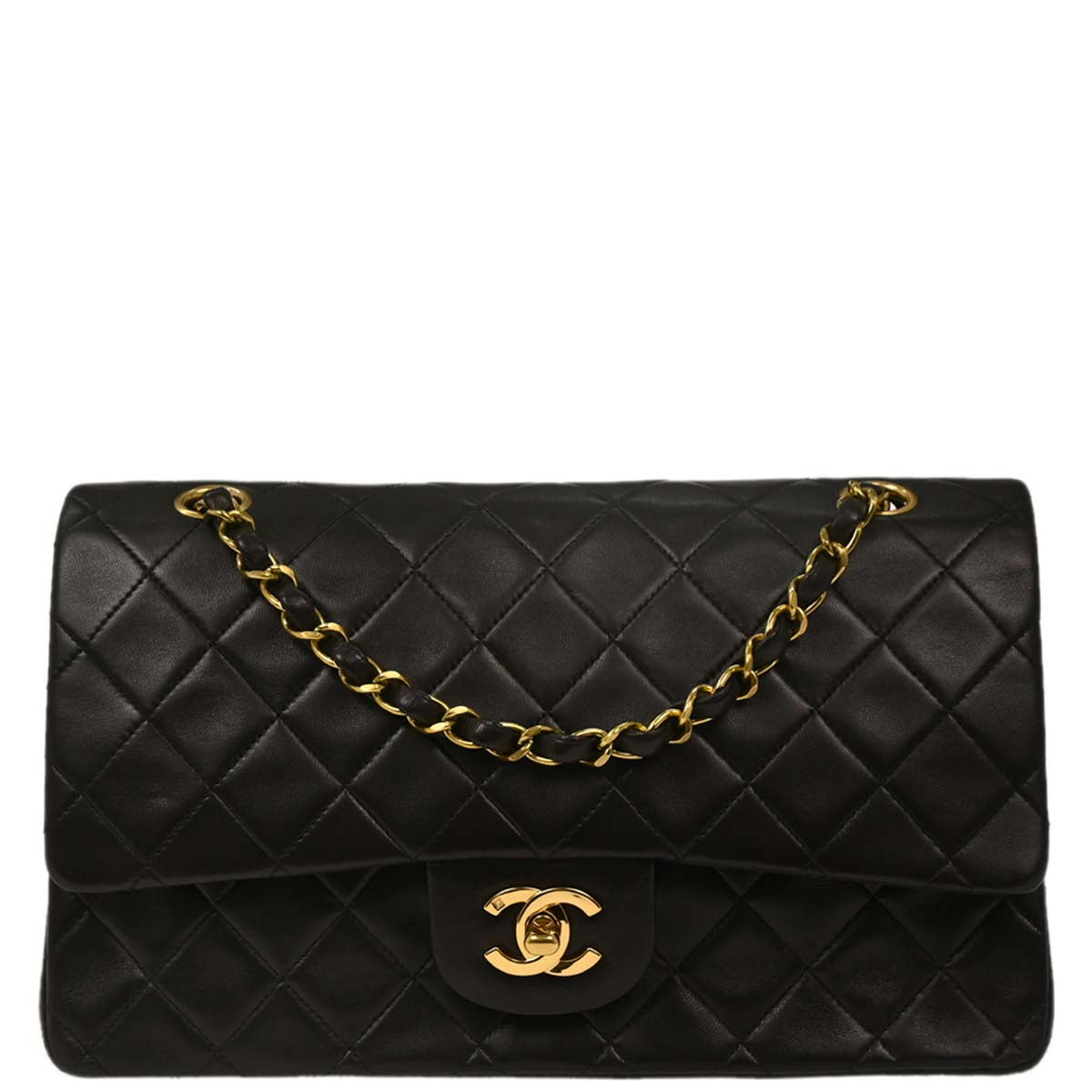 Chanel 1991-1994 Black Lambskin Medium Classic Double Flap Shoulder Bag