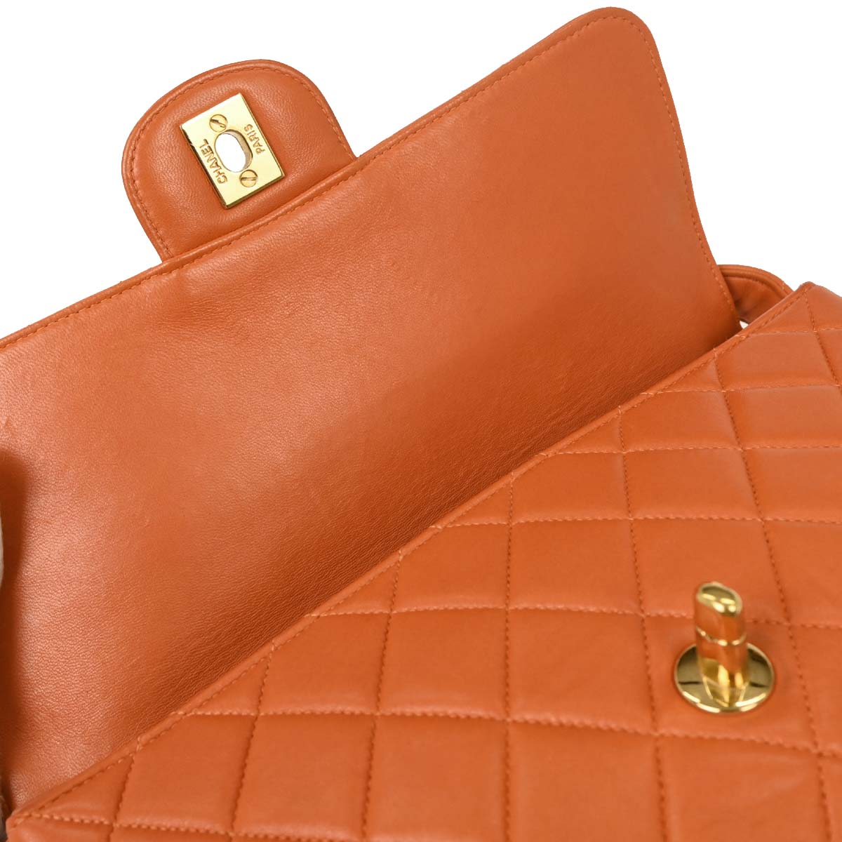 Chanel Orange Lambskin Double Sided Flap Handbag