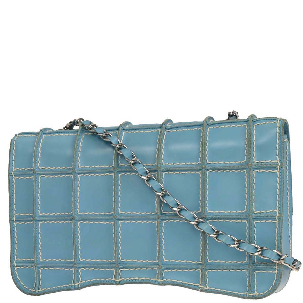 Chanel 2001-2003 Light Blue Calfskin Wild Stitch Choco Bar Shoulder Bag