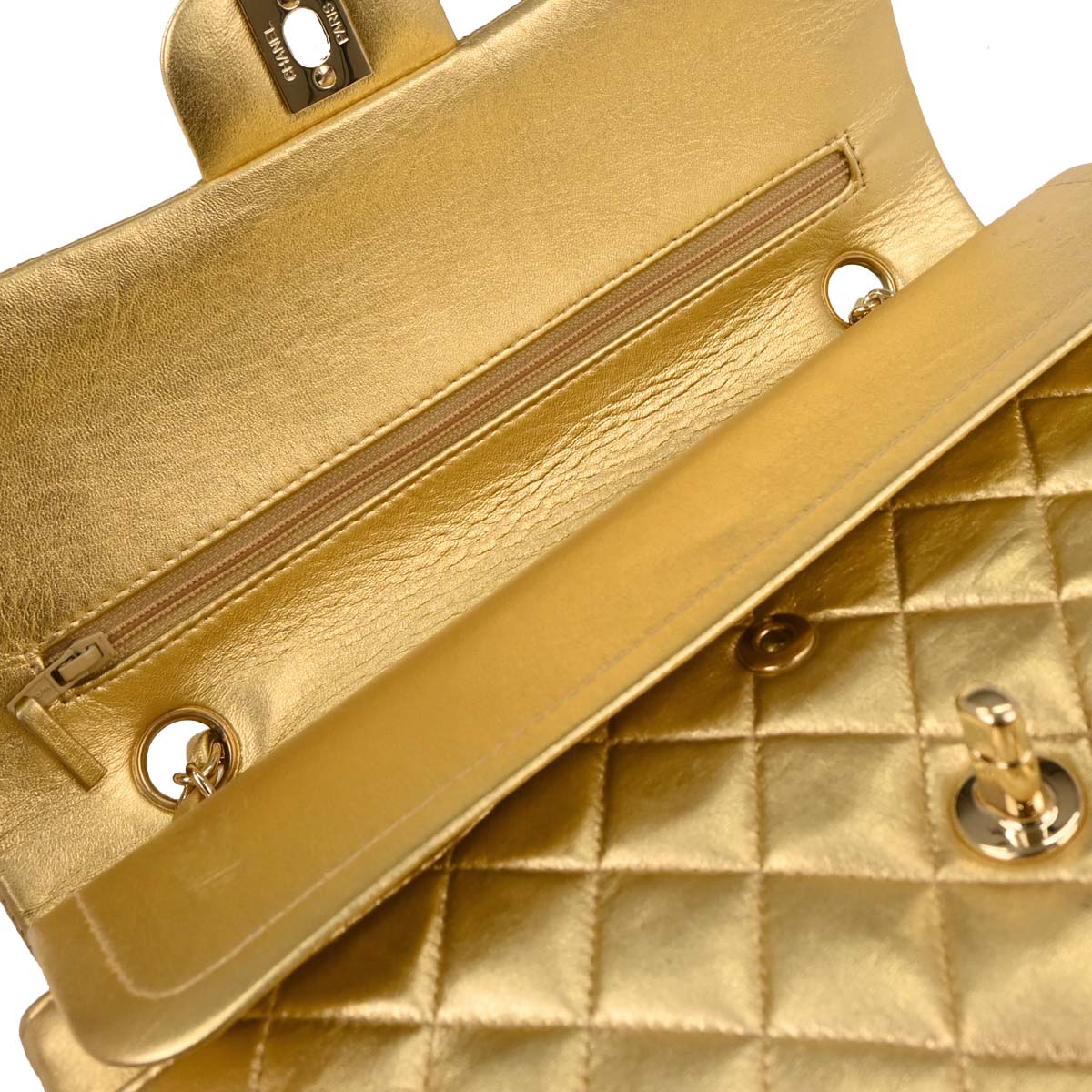 Chanel 2001-2003 Metallic Gold Lambskin Medium Classic Double Flap Shoulder Bag