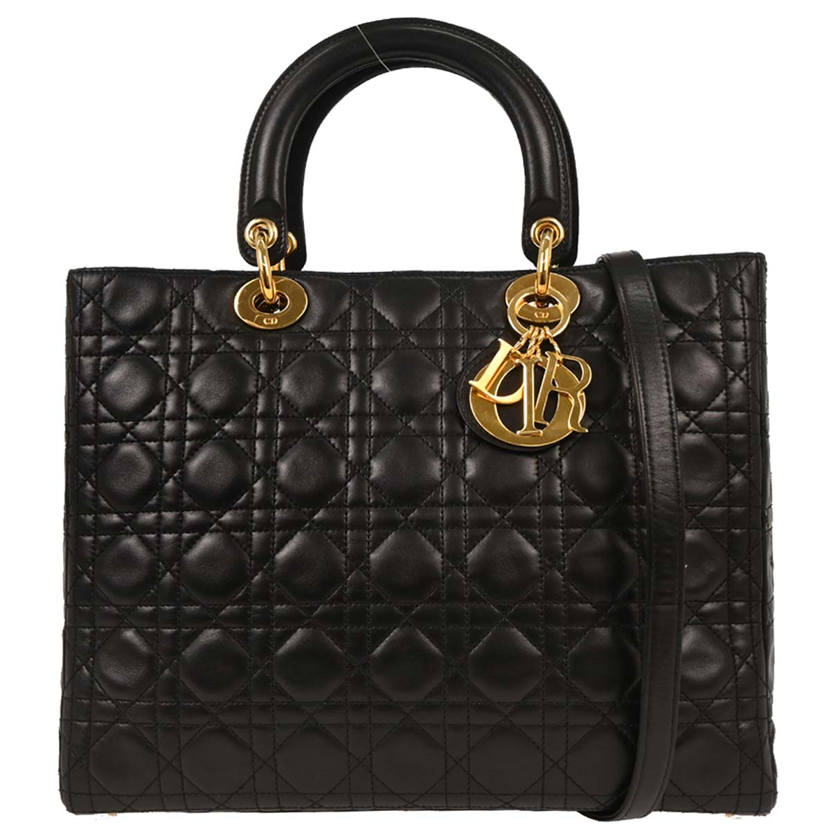 Christian Dior 1997 Black Lambskin Lady Dior Cannage 2way Shoulder Handbag