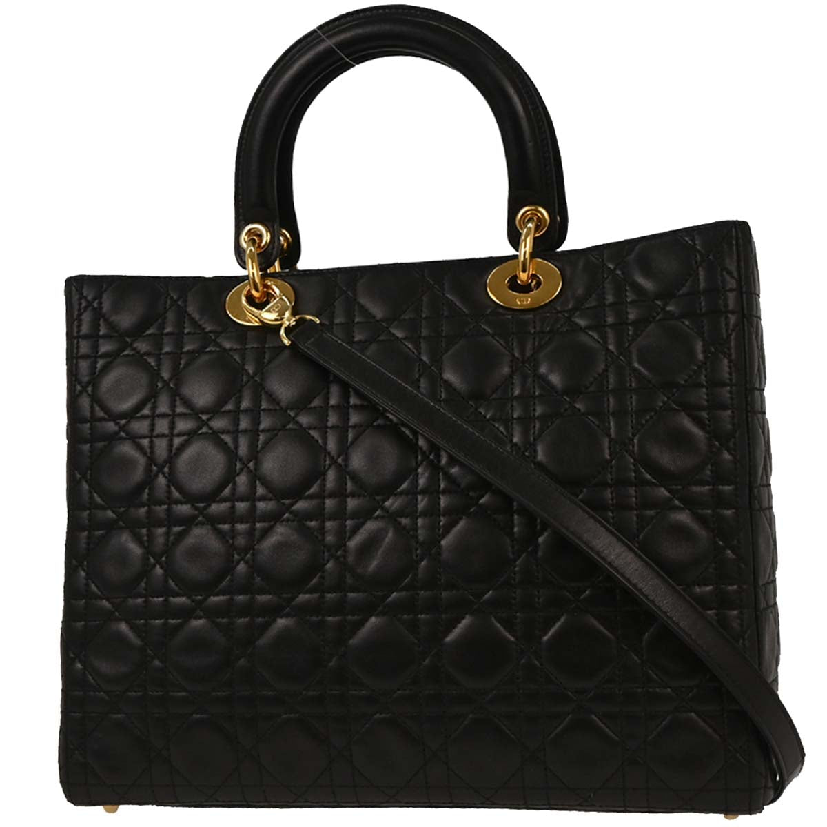 Christian Dior 1997 Black Lambskin Lady Dior Cannage 2way Shoulder Handbag