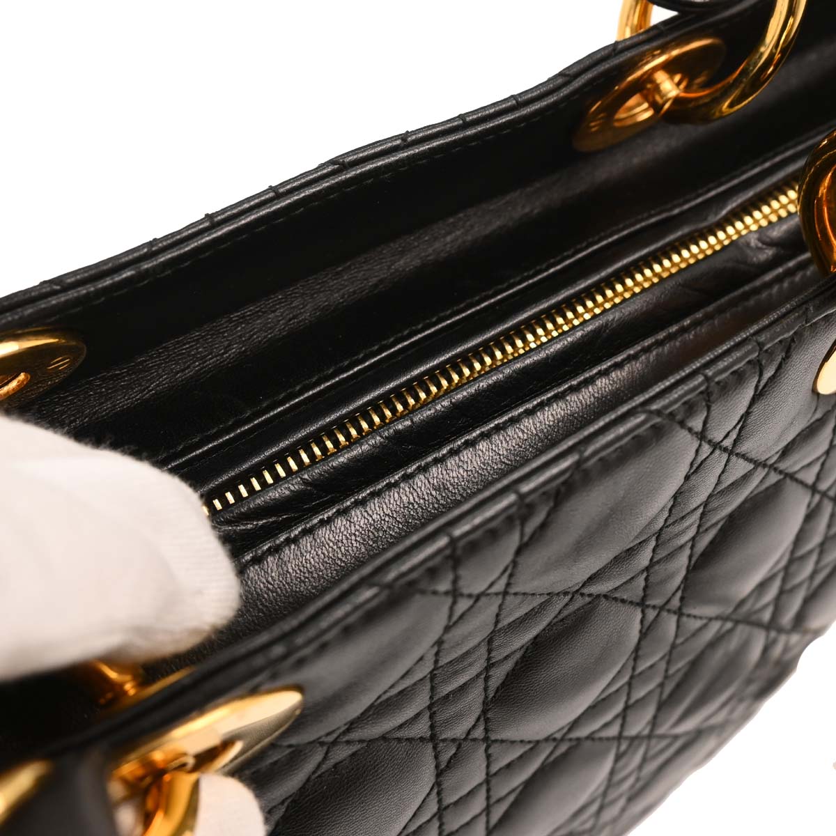 Christian Dior 1997 Black Lambskin Lady Dior Cannage 2way Shoulder Handbag