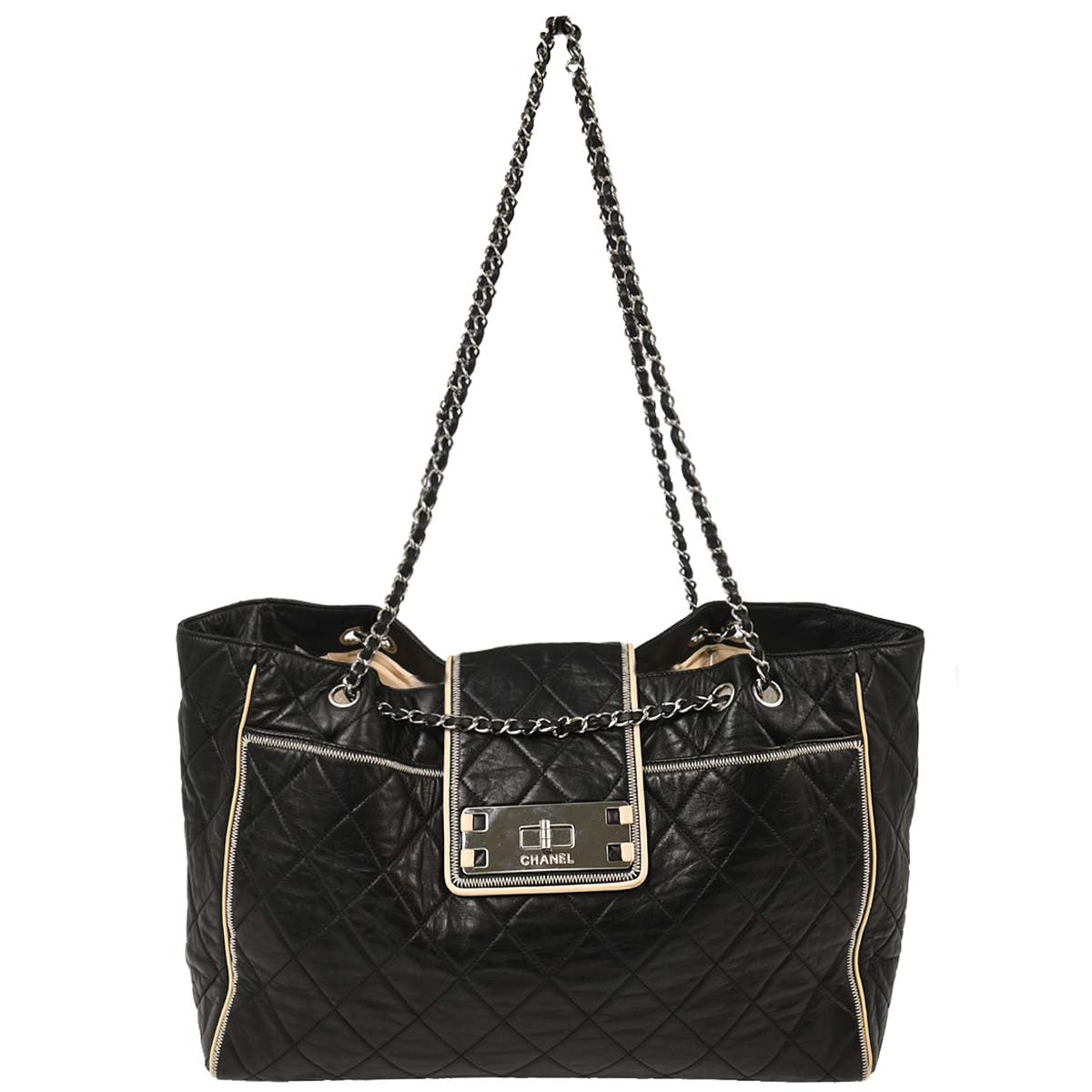 Chanel 2008-2009 Black Calfskin Mademoiselle Lock Chain Tote Shoulder Bag