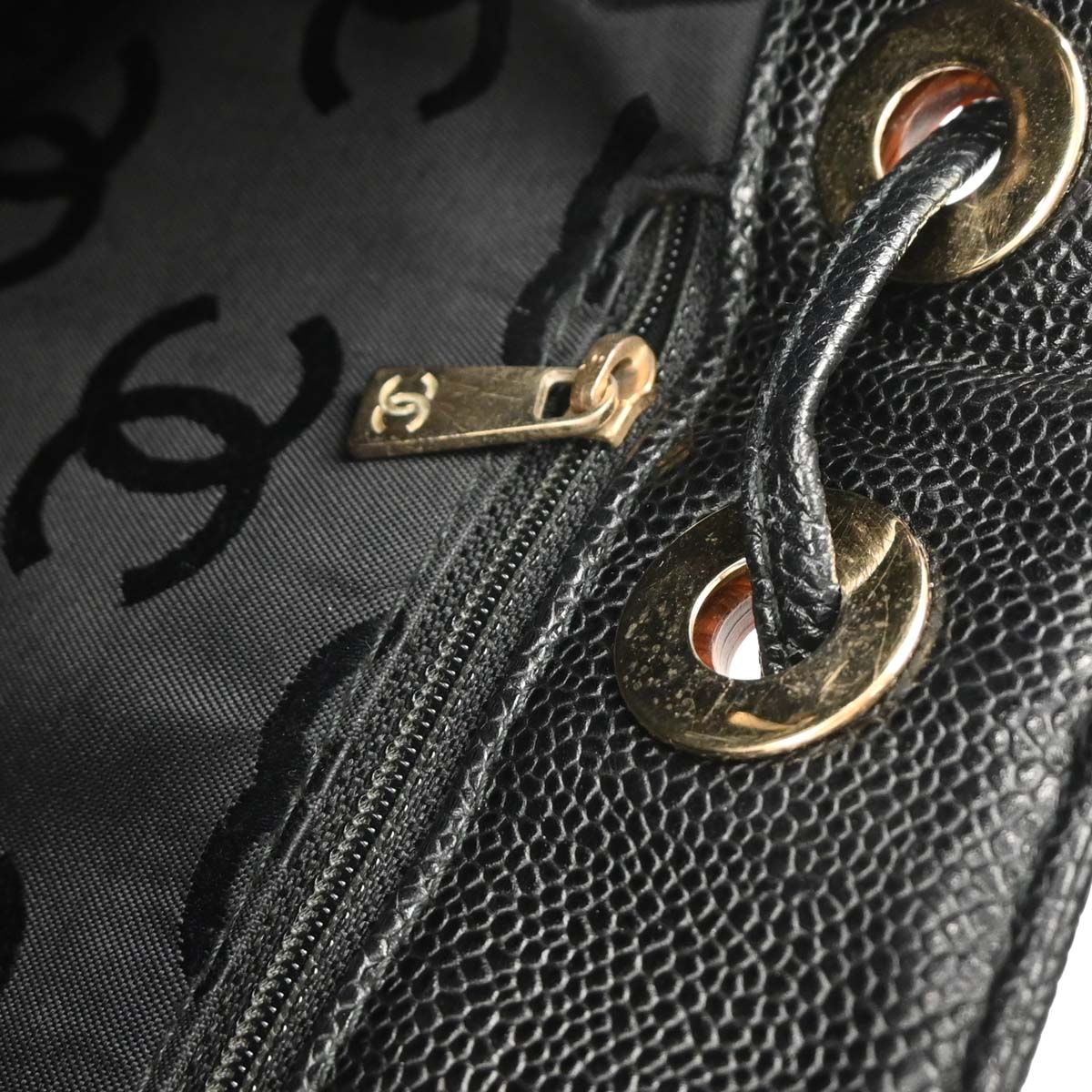 Chanel Black Caviar Drawstring Tote Handbag