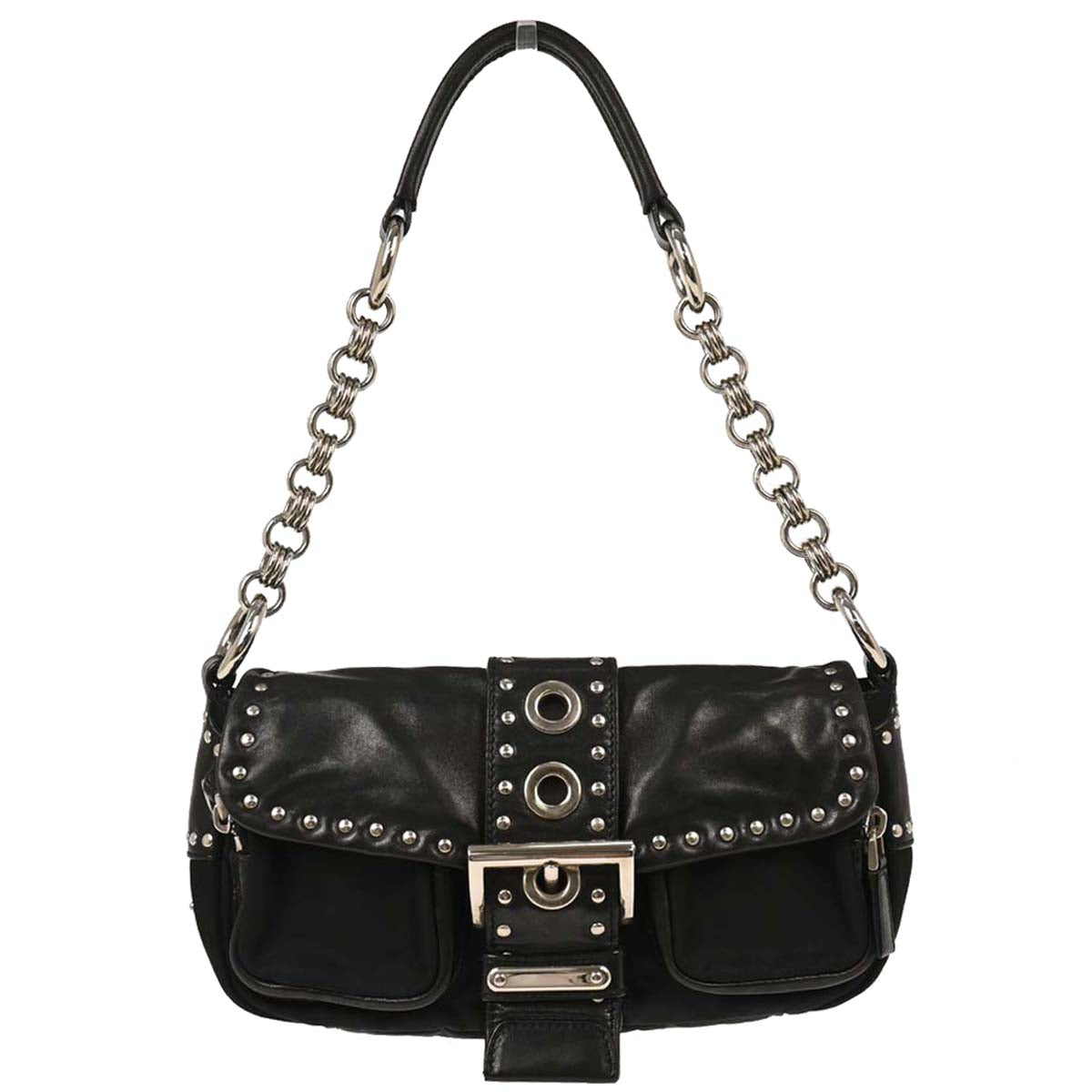 Prada Black Nylon Leather Studded Buckle Handbag