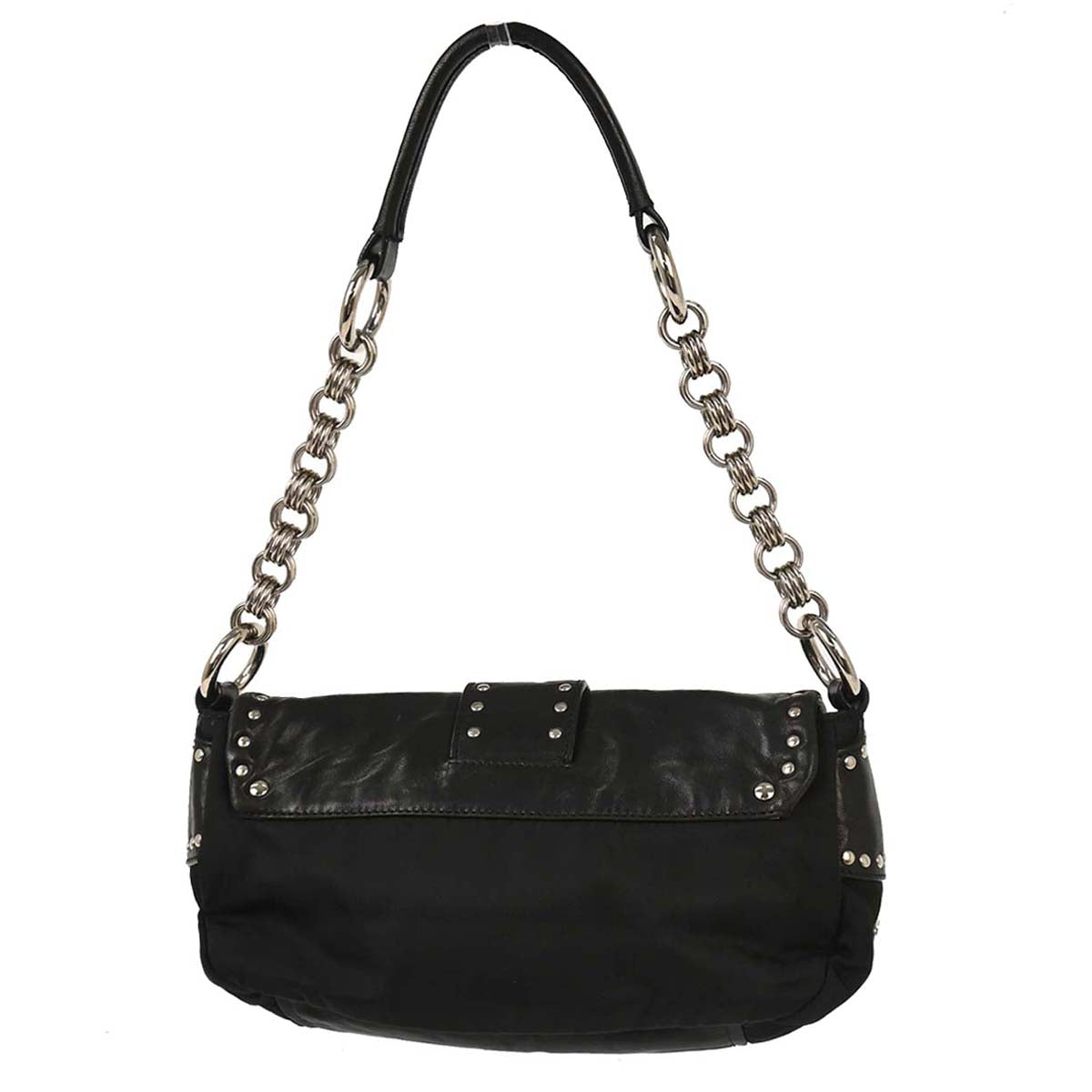 Prada Black Nylon Leather Studded Buckle Handbag