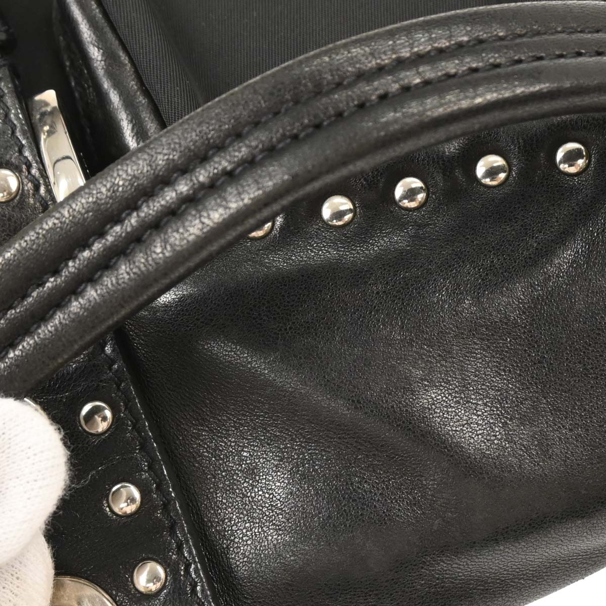 Prada Black Nylon Leather Studded Buckle Handbag