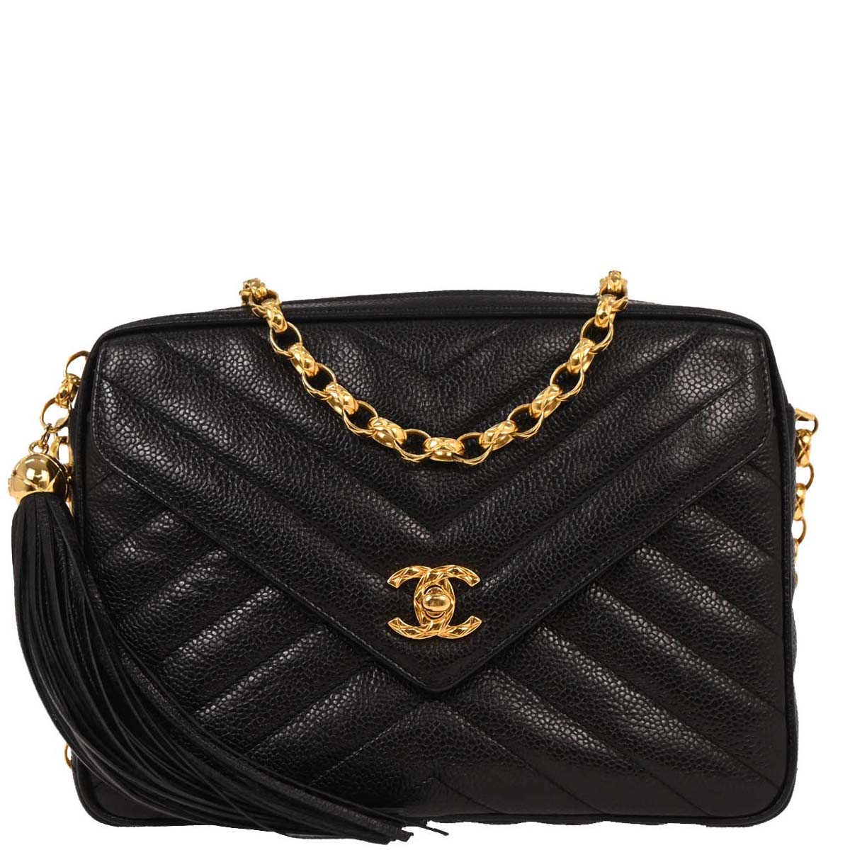 Chanel 1991-1994 Black Caviar Chevron Camera Bag Small
