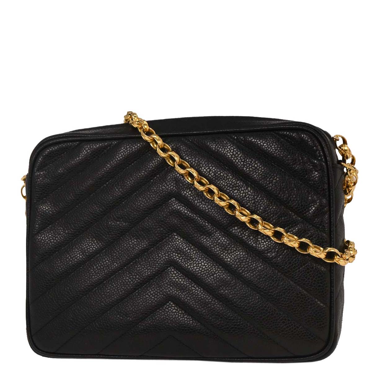 Chanel 1991-1994 Black Caviar Chevron Camera Bag Small