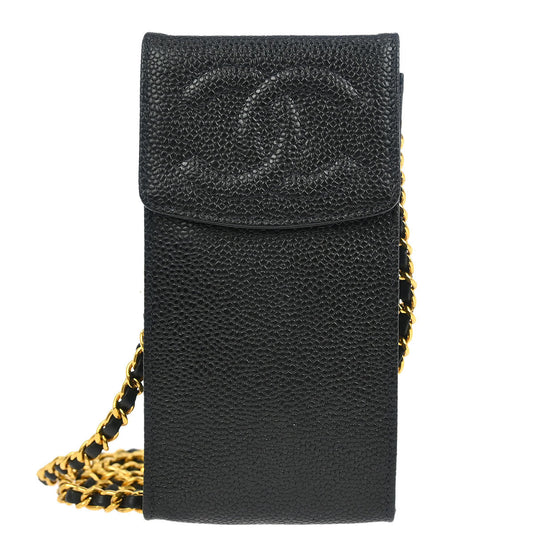 Chanel 1997-1999 Black Caviar Chain Shoulder Bag Pochette Case