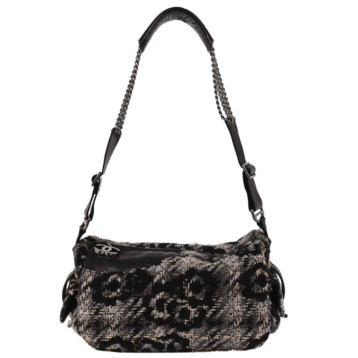 Chanel 2005-2006 Black Tweed Camellia Shoulder Bag