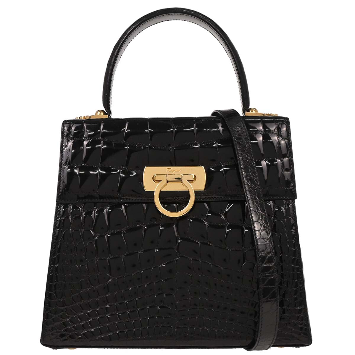 Salvatore Ferragamo * Black Crocodile Gancini 2way Shoulder Handbag