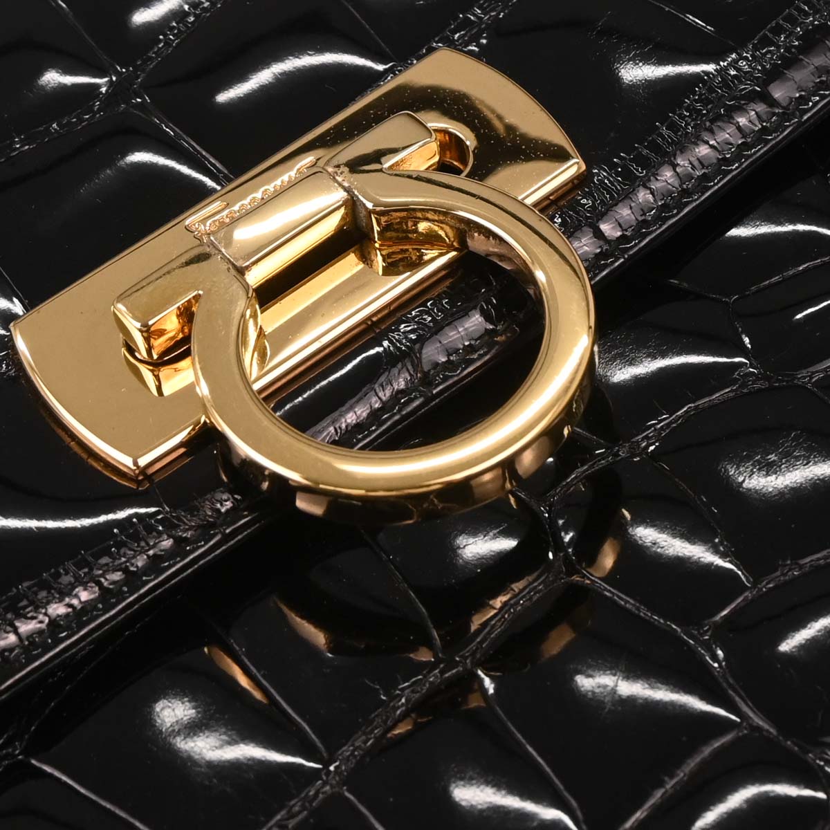 Salvatore Ferragamo * Black Crocodile Gancini 2way Shoulder Handbag