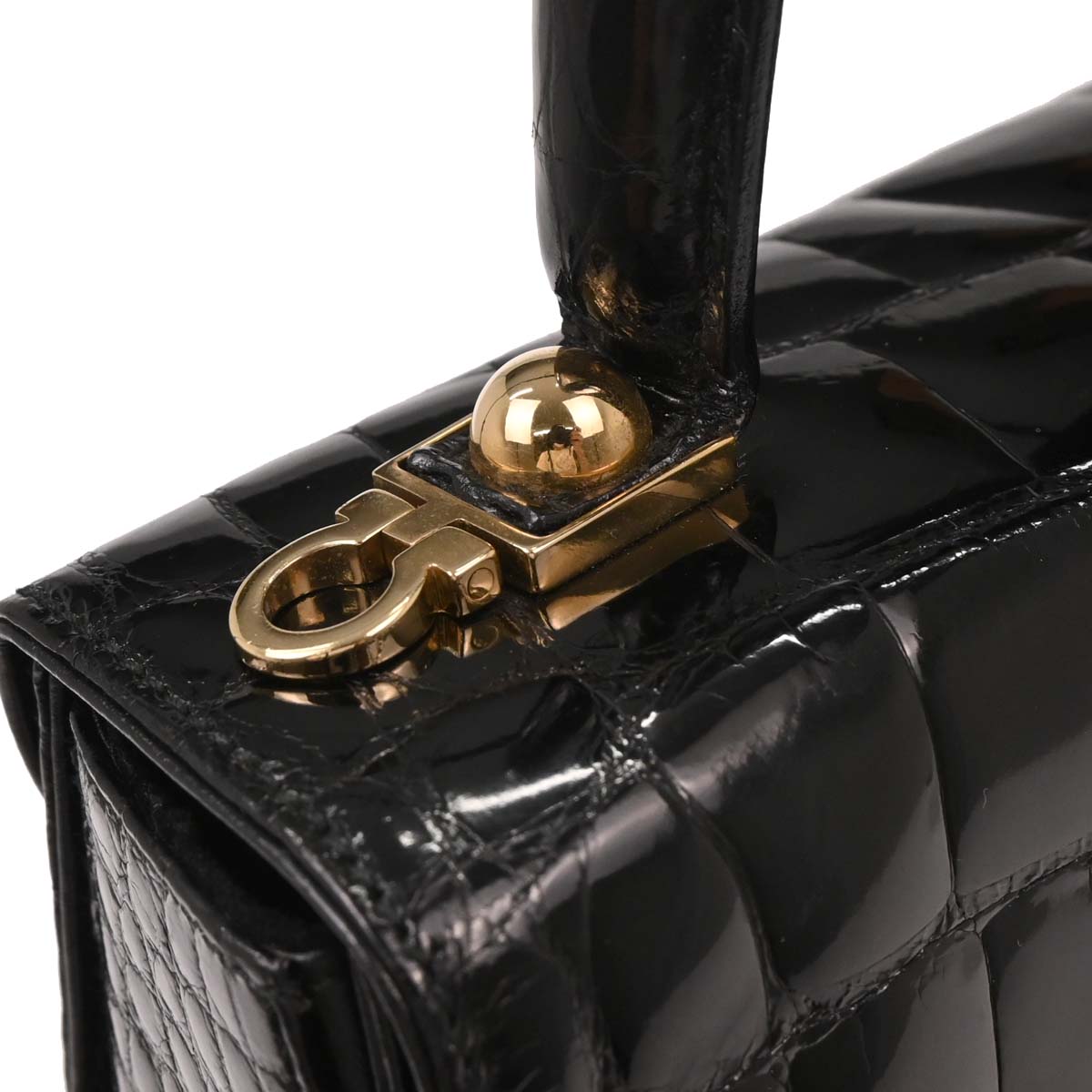 Salvatore Ferragamo * Black Crocodile Gancini 2way Shoulder Handbag