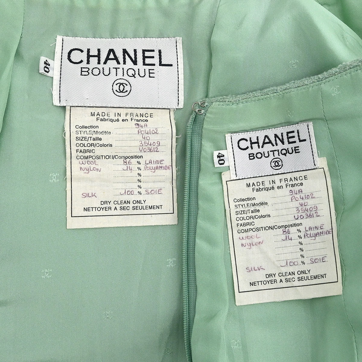 Chanel 1994 Setup Suit Jacket Skirt Mint Green #40