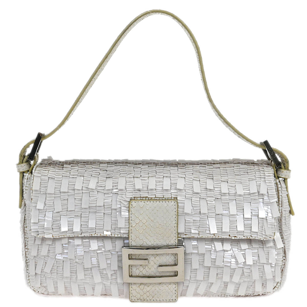 Fendi * White Sequins Python Baguette Handbag