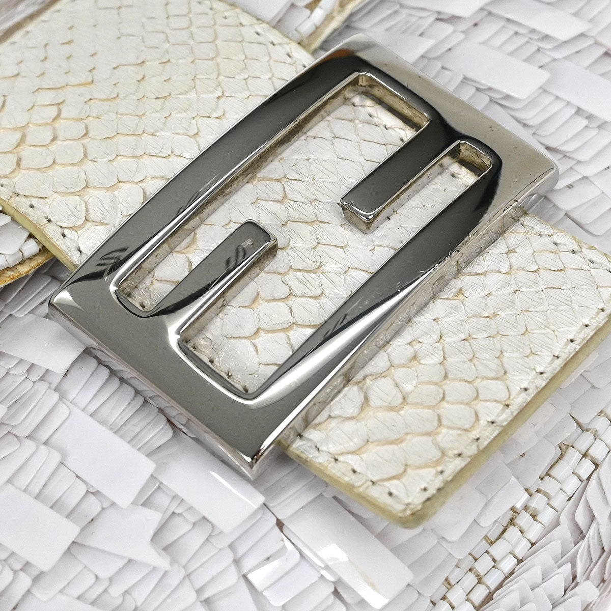 Fendi * White Sequins Python Baguette Handbag