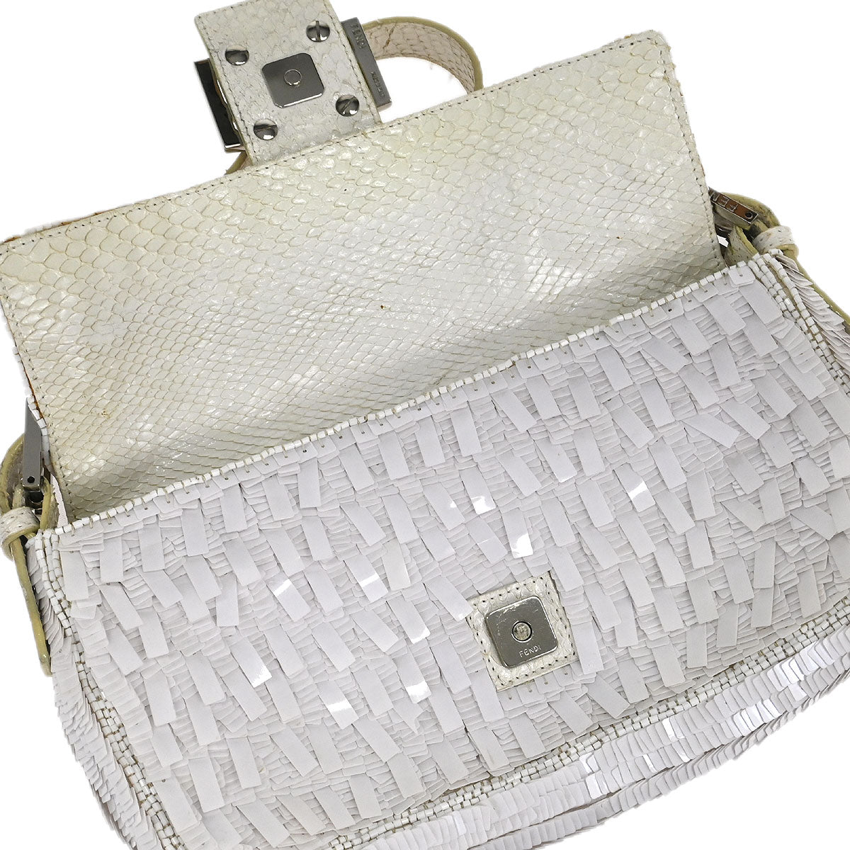 Fendi * White Sequins Python Baguette Handbag