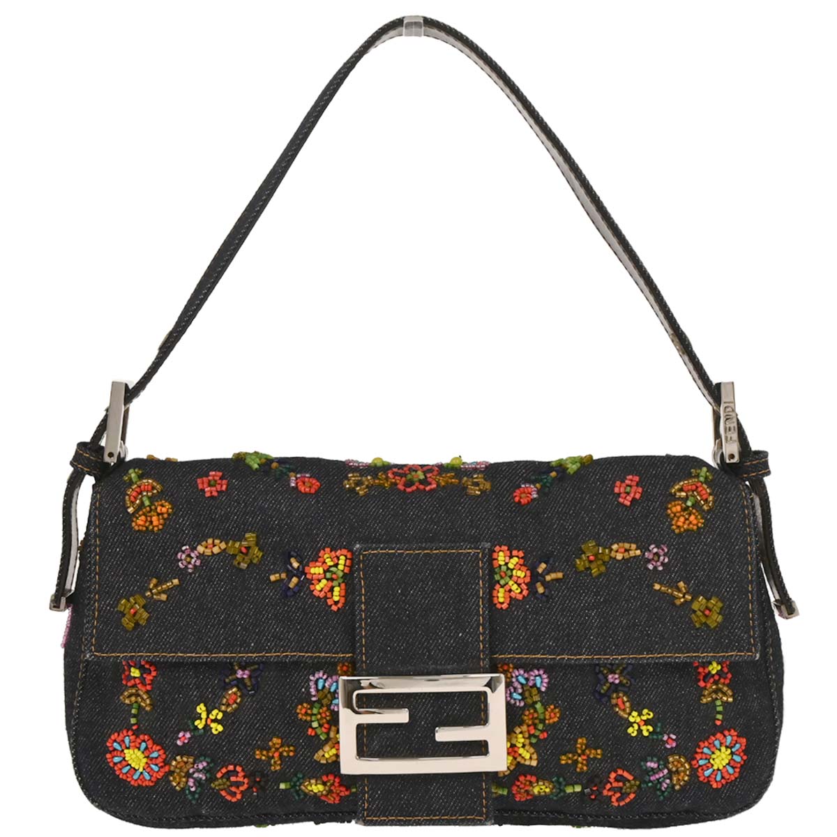 Fendi Blue Denim Beaded Baguette Handbag
