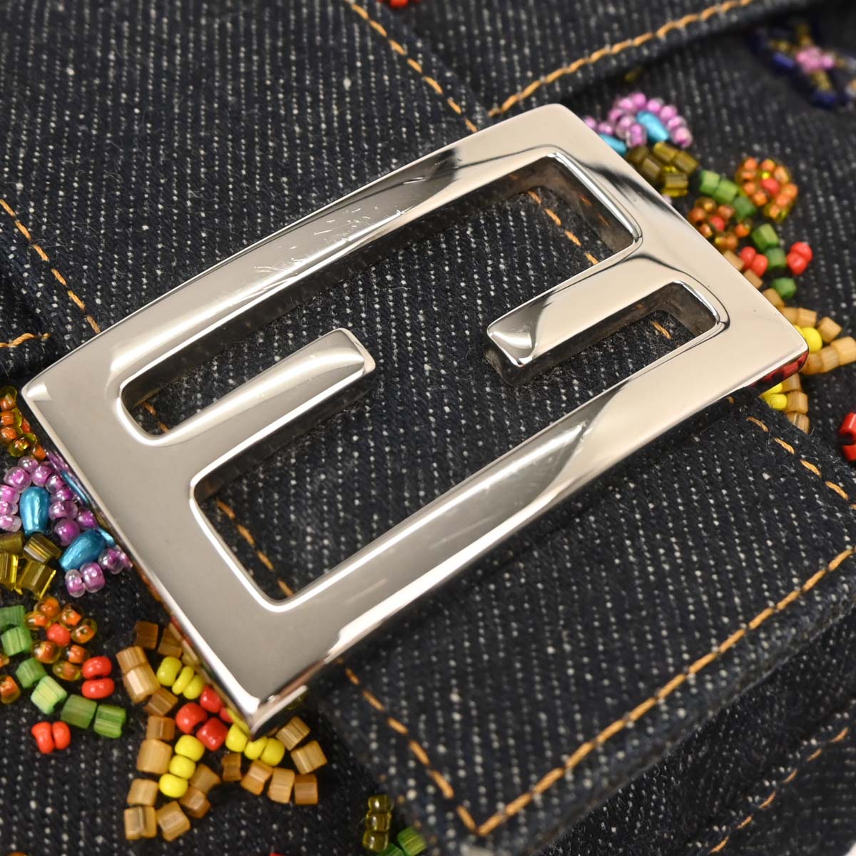 Fendi Blue Denim Beaded Baguette Handbag