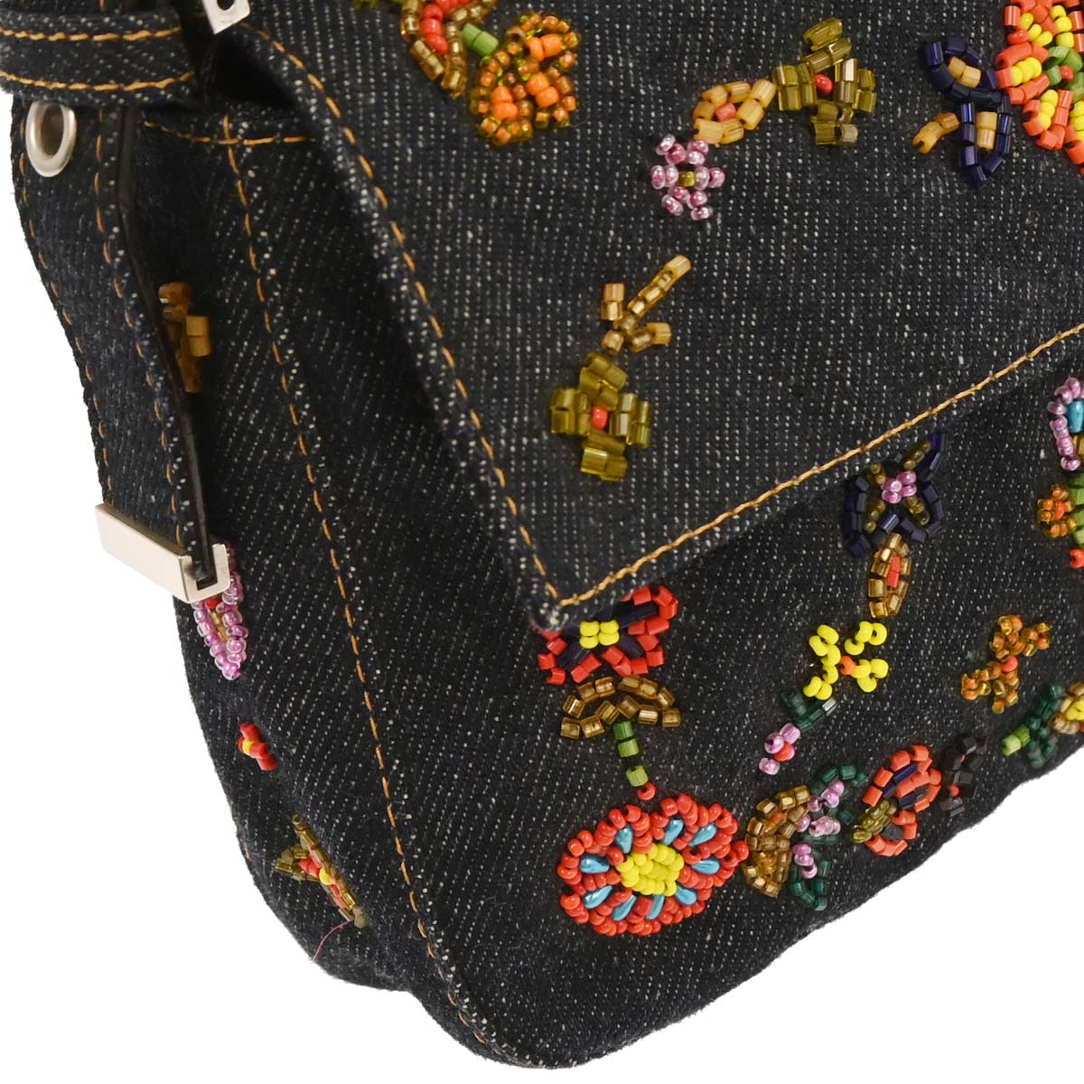 Fendi Blue Denim Beaded Baguette Handbag