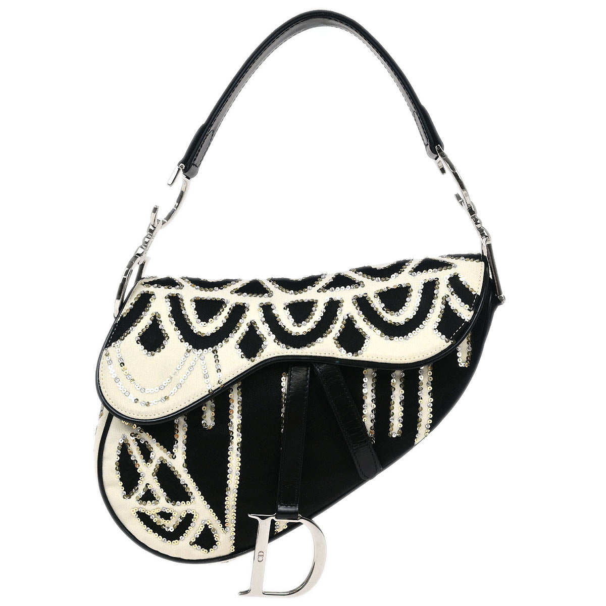 Christian Dior Black White Satin Sequins Saddle Handbag