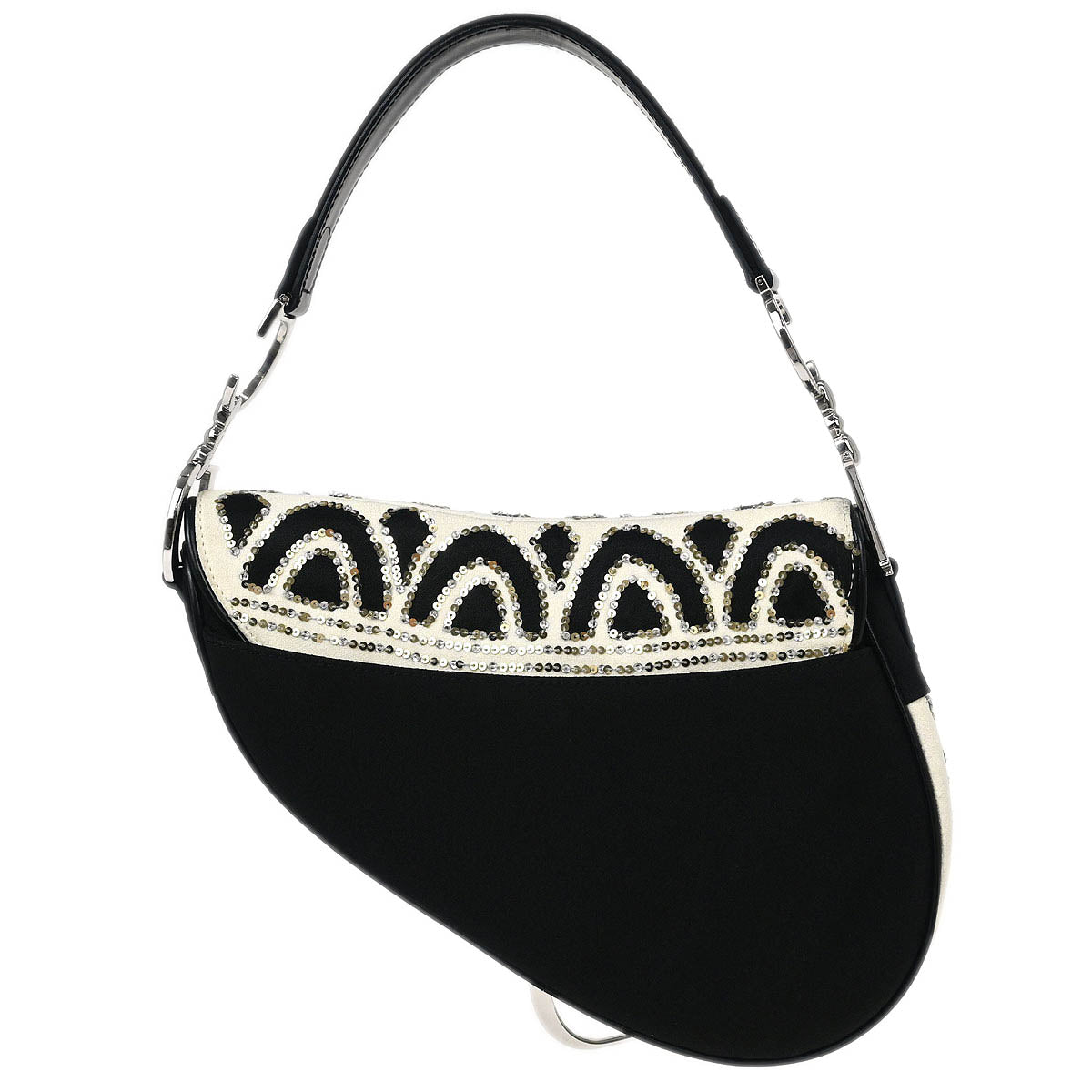 Christian Dior Black White Satin Sequins Saddle Handbag
