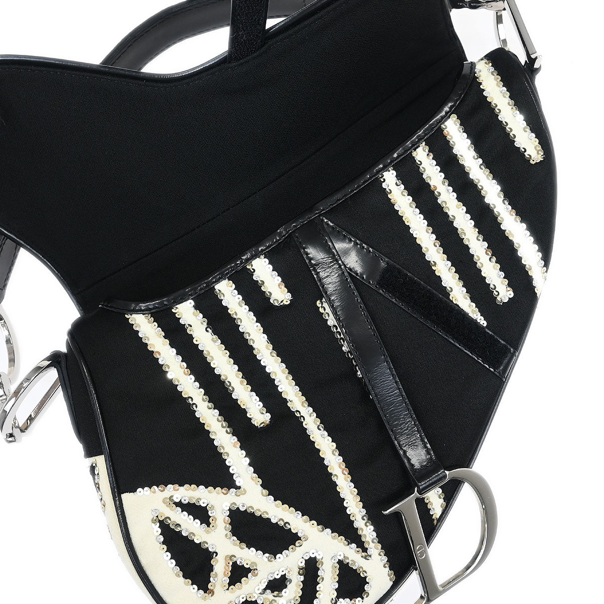 Christian Dior Black White Satin Sequins Saddle Handbag