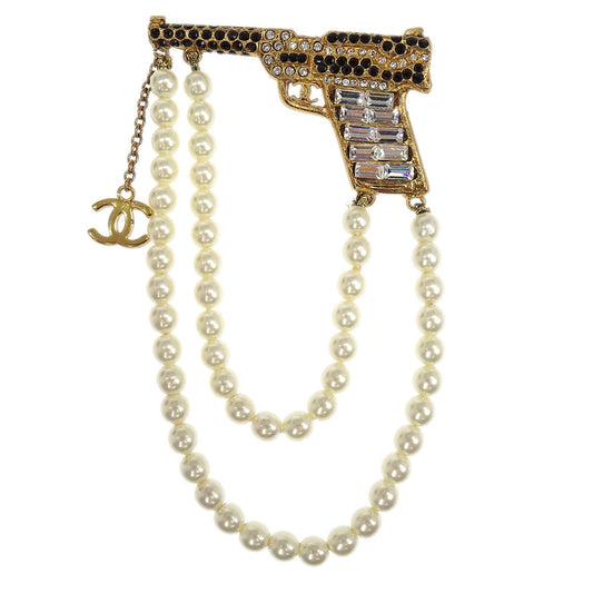 Chanel Gun Brooch Pin Rhinestone Costume Pearl Gold 01A