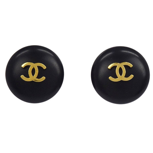 Chanel Button Earrings Clip-On Gold Black 95P