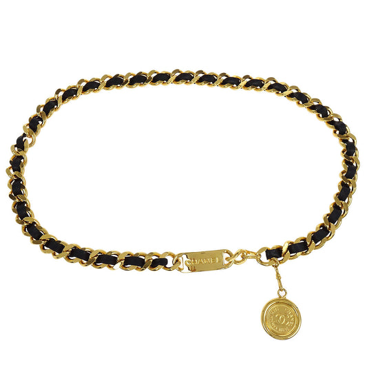 Chanel Chain Belt Medallion Gold Black Small Good 95A