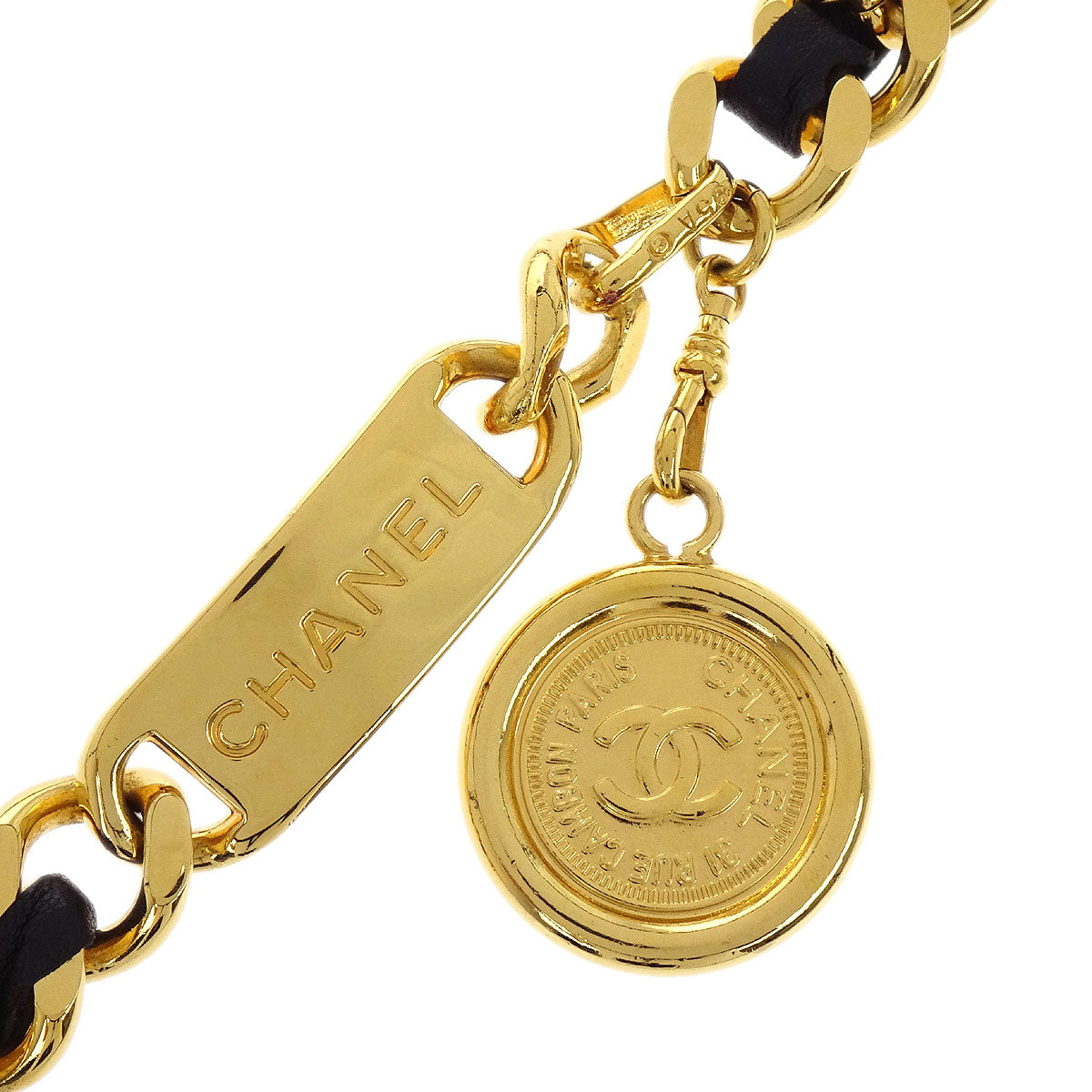 Chanel Chain Belt Medallion Gold Black Small Good 95A