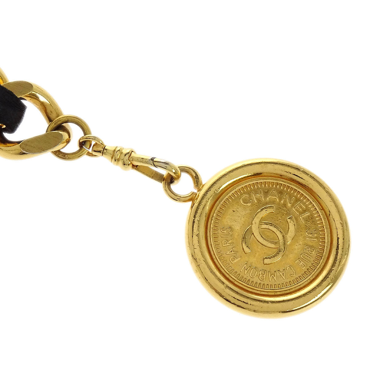 Chanel Chain Belt Medallion Gold Black Small Good 94P