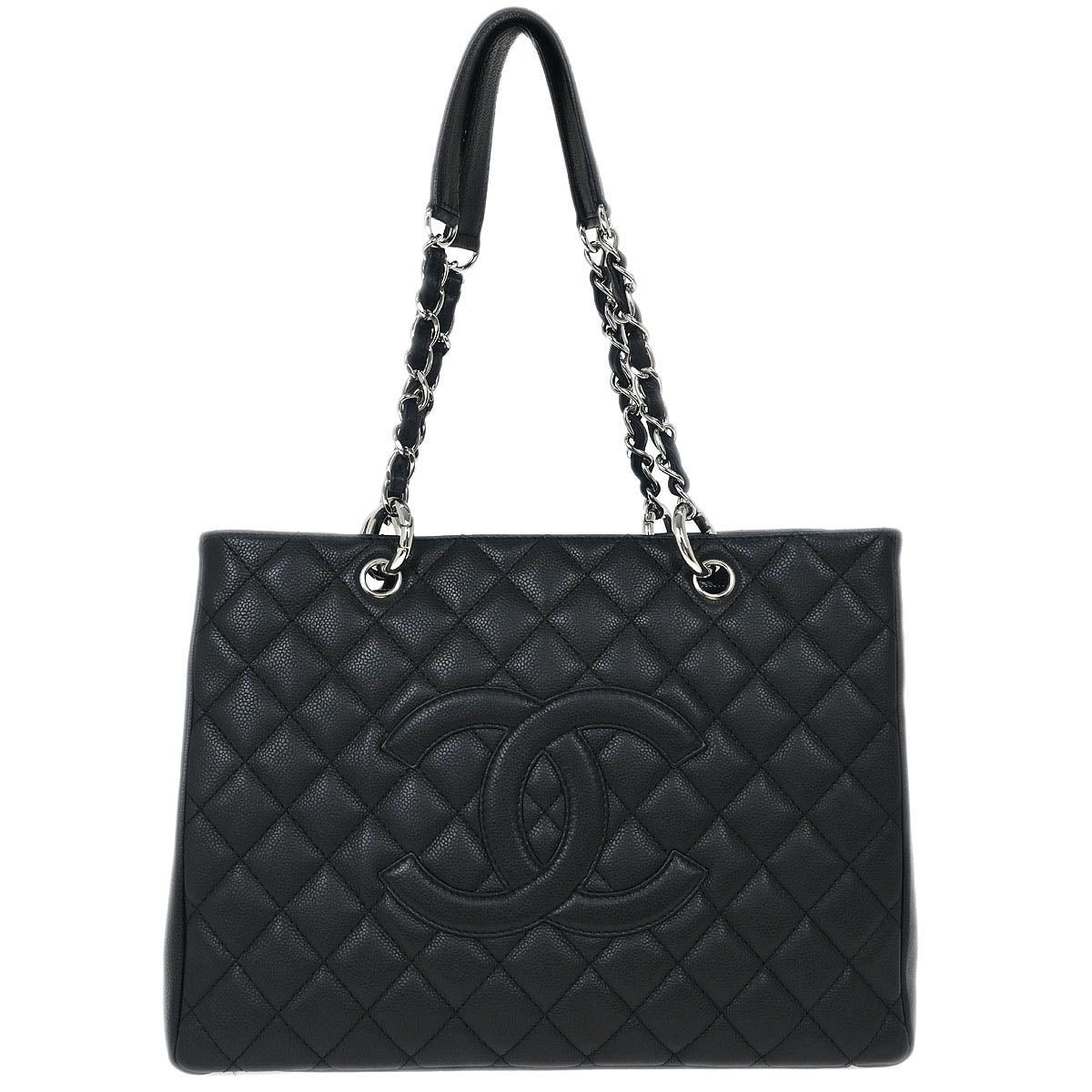 Chanel Black Calfskin Grand Shopping Tote GST Chain Handbag