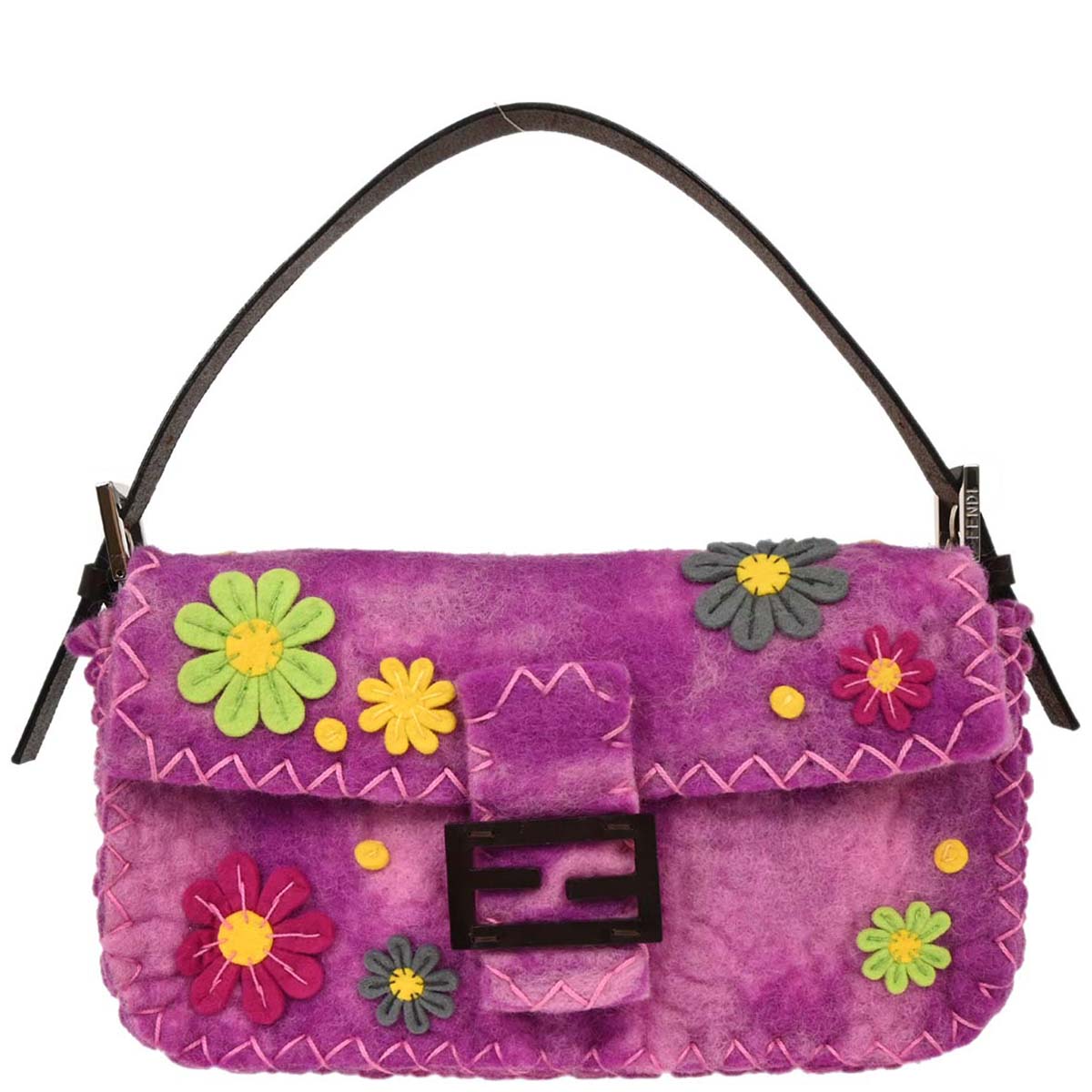 Fendi Purple Wool Floral Baguette Handbag