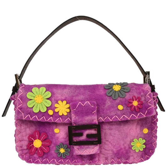Fendi Purple Wool Floral Baguette Handbag