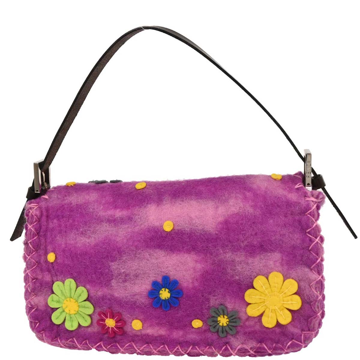 Fendi Purple Wool Floral Baguette Handbag