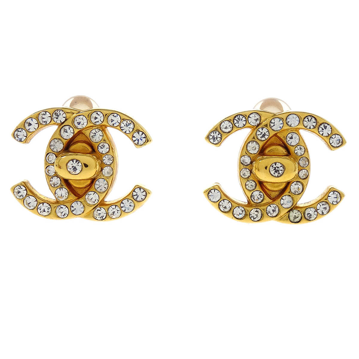 Chanel CC Turnlock Earrings Clip-On Gold Small Rhinestone 96A