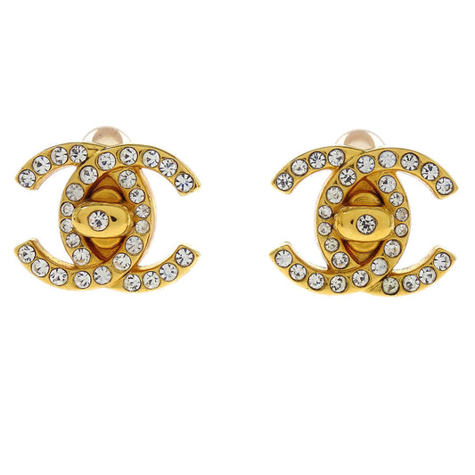 Chanel CC Turnlock Earrings Clip-On Gold Small Rhinestone 96A