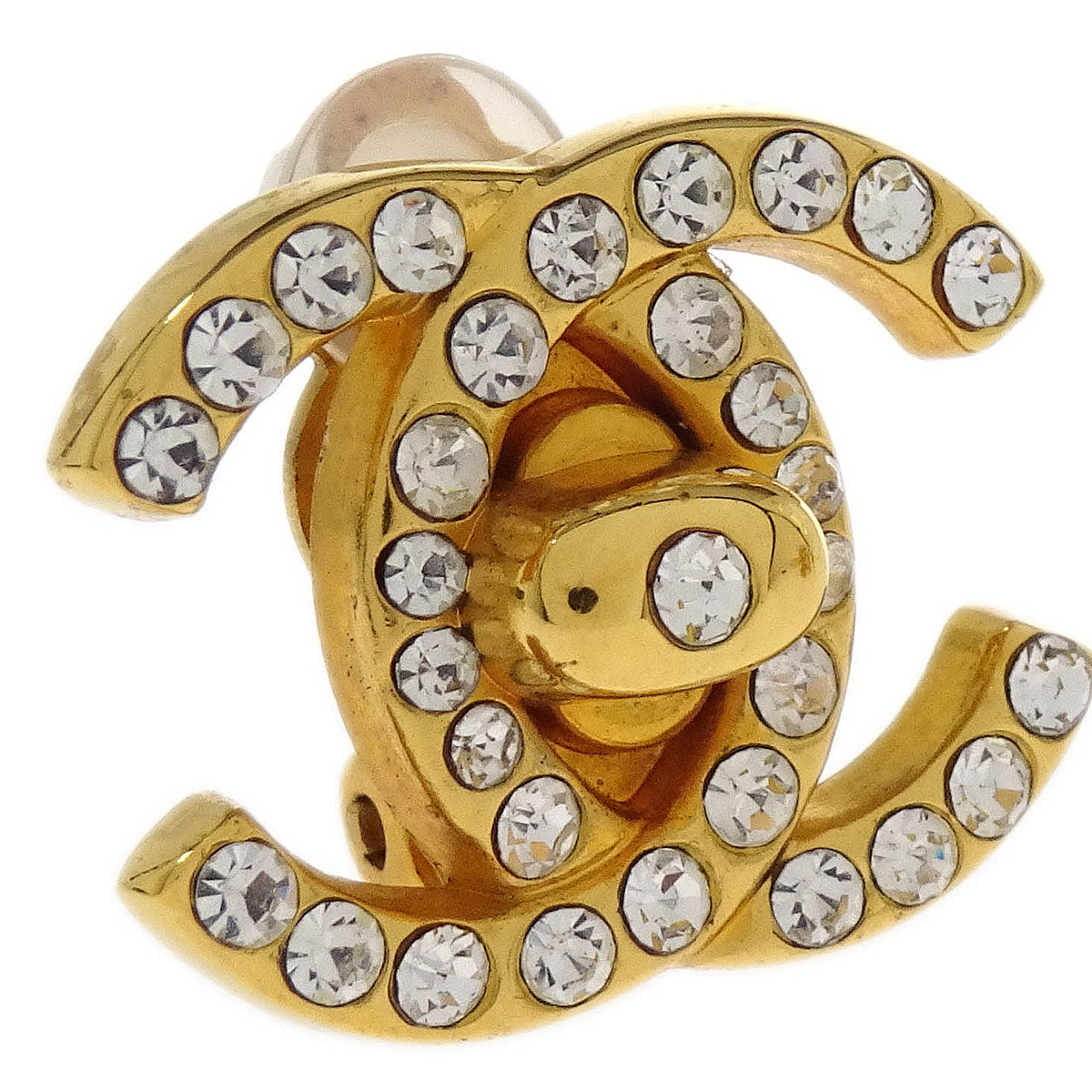 Chanel CC Turnlock Earrings Clip-On Gold Small Rhinestone 96A