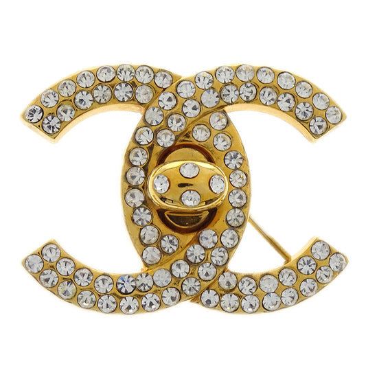 Chanel CC Turnlock Rhinestone Charm Brooch Pin Gold 97P
